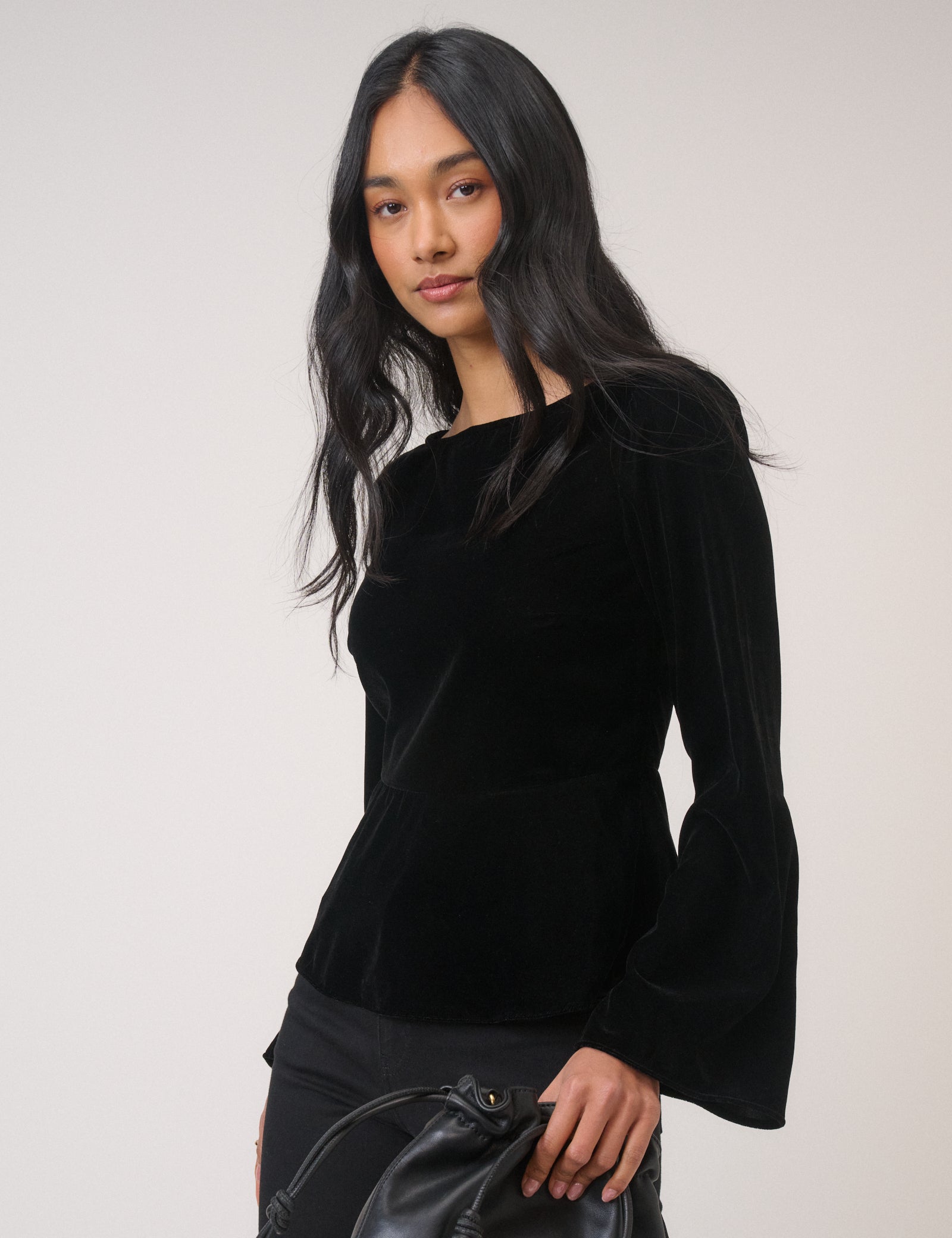 Black Velvet Tie Front Top
